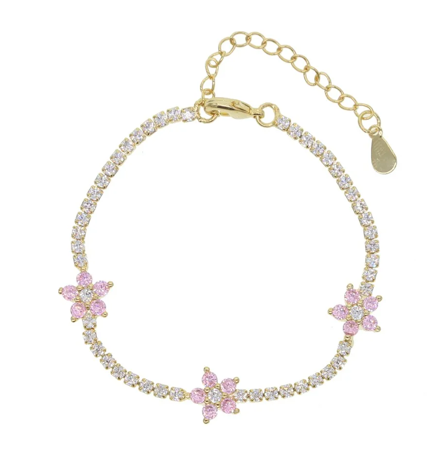pink bracelet Романтическая тонкая теннисная цепочка с фианитами, Пастельная красочная подвеска в виде цветка маргаритки для женщин и девочек, элегантный нежный браслет, ожерелье, ювелирный набор - Окраска металла: pink bracelet