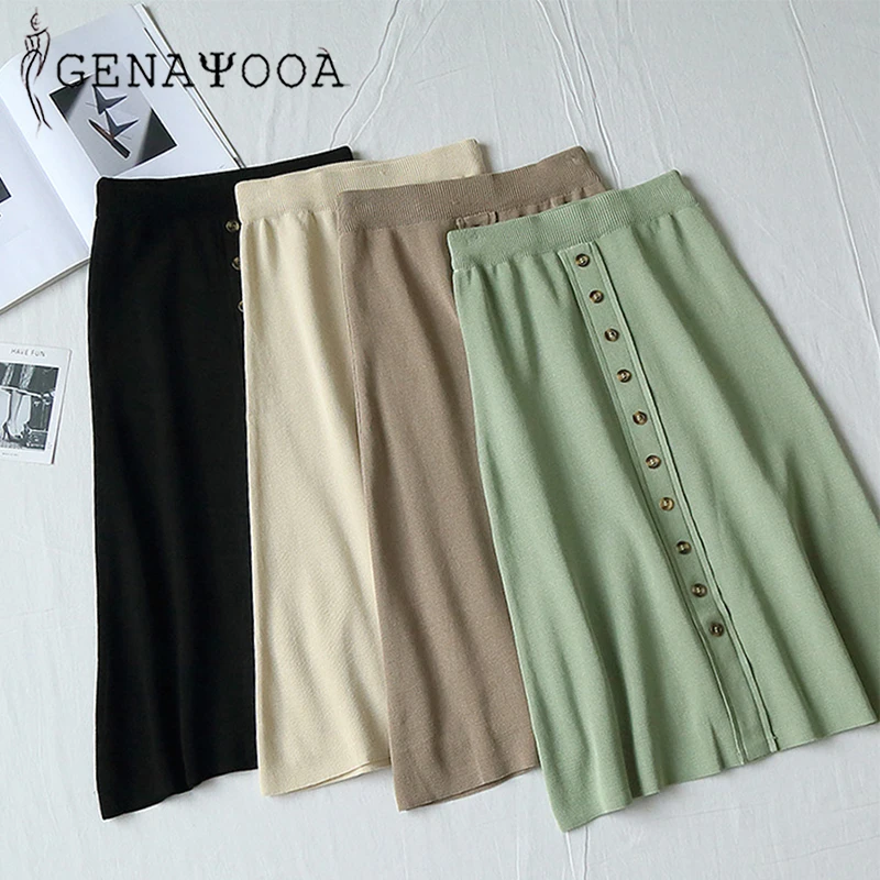

Genayooa Knitted Skirt For Woman 2019 Autumn Winter Skirts Womens Midi Knee Length Korean Elegant Button High Waist Skirt School
