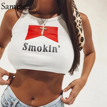 

Sampic Summer Beach Pattern Letter Print Sleeveless O Neck Tank Top Women Sexy Club Cotton Crop Tops Streetwear Camis 2020