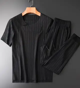 

(T-SHIRTS+PANTS) Summer Men Luxury Chinese Style Button Short Sleeve Mens Plus Size 4xl Stripe Slim Man Sets