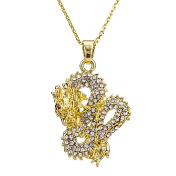 Gold Color Dragon Pendant with Zircon Inlay Necklace for Women Men Wedding Birthday Gifts