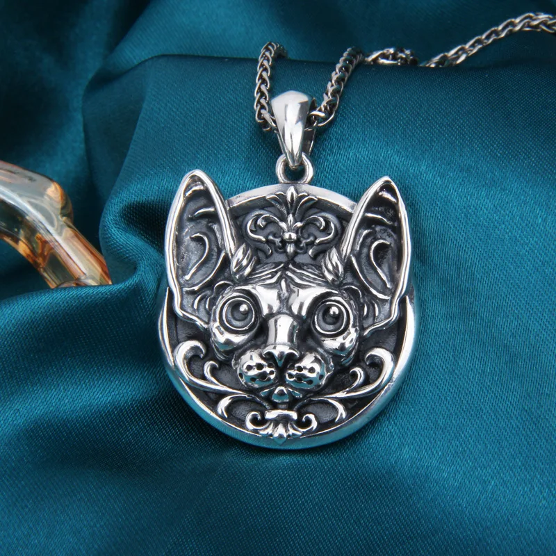 

Personality Persian Cat Pendant Necklace Sweater Chain Vintage Silver Color Cute Relief Cat Necklace Men's and Women's Jewelry
