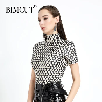 

Women's T-shirt Fall 2019 New High-collar Short-sleeve Leather-like Printed for Women