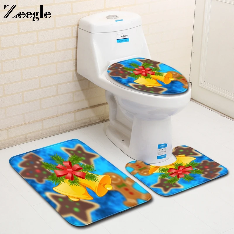 Zeegle Christmas Bath Mat Set Toilet Pedestal Rug Flannel Soft Toilet Seat Cover Mat Absorbent Washable Foot Mat 3pcs Toilet Set