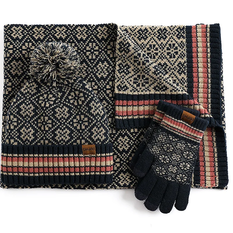 Men's Winter Warm Three-Piece Simple Style Knitted Wool Plus Velvet Hat Scarf Glove Set knitted hat scarf set