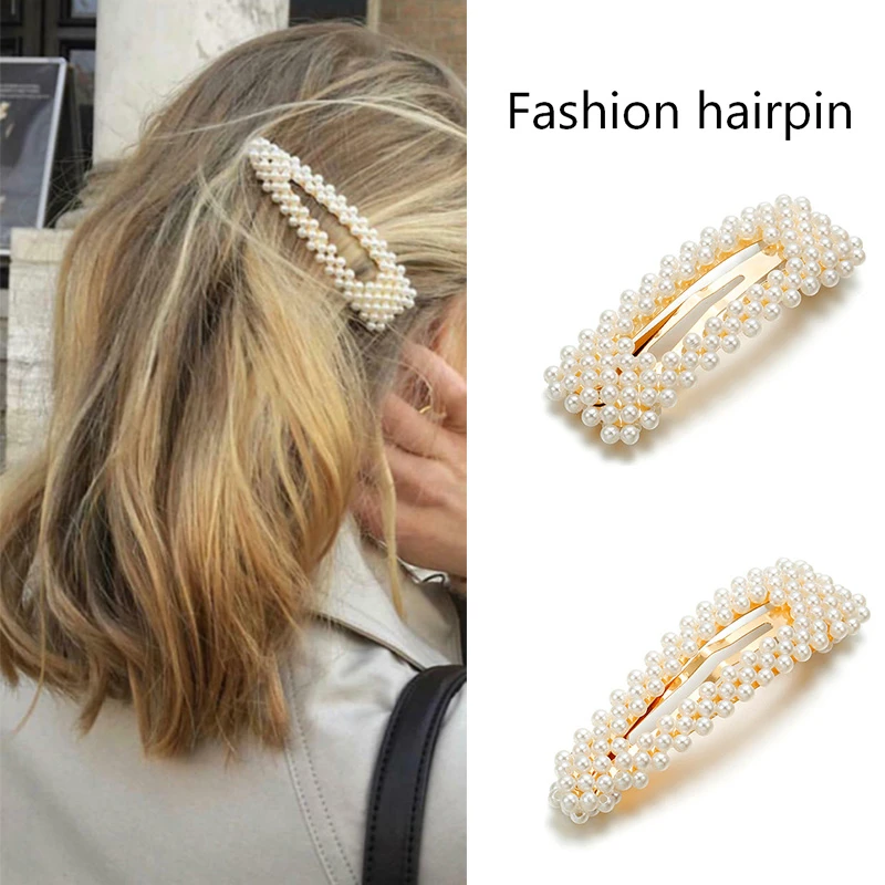 

2019 New Fashion Pearl Hair Clip for Women Elegant Korean Design Snap Barrette Stick Hairpin Hair Styling Accessories