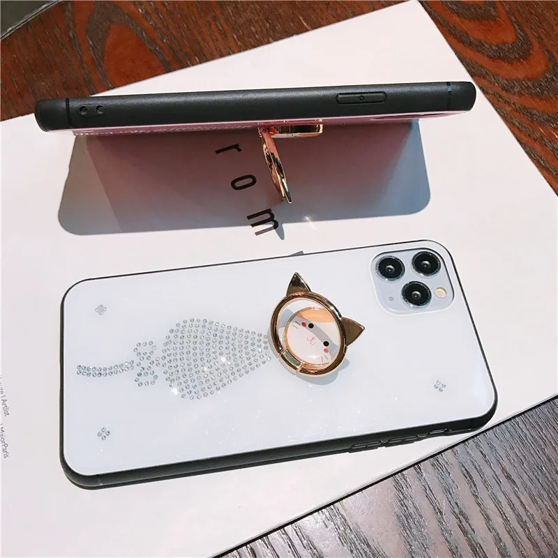 Модный милый чехол для телефона с кошкой для IPhone 11 Pro XS Max XR 7 8 6S Plus, Роскошный чехол из закаленного стекла с бриллиантами для IPhone 11, чехол