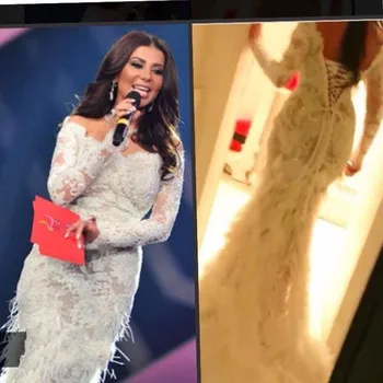 

Luxury Lace Beads Mermaid With Feathers Sweetheart Long Sleeves Off Shoulder Sweep Train Formal Wear mother of the bride dress