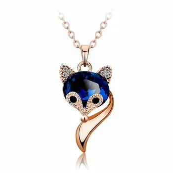 

Fashion cute fox blue crystal zircon diamonds gemstones pendant necklaces for women rose gold white silver color choker jewelry