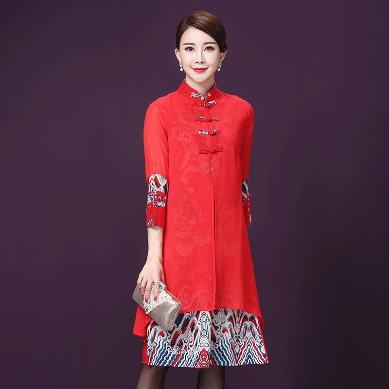 Chinese New Year Women Fake Two Piece Cheongsam Dress Plus Size Retro National Style Slim Collar Buckle CNY Qipao Bride Dresses