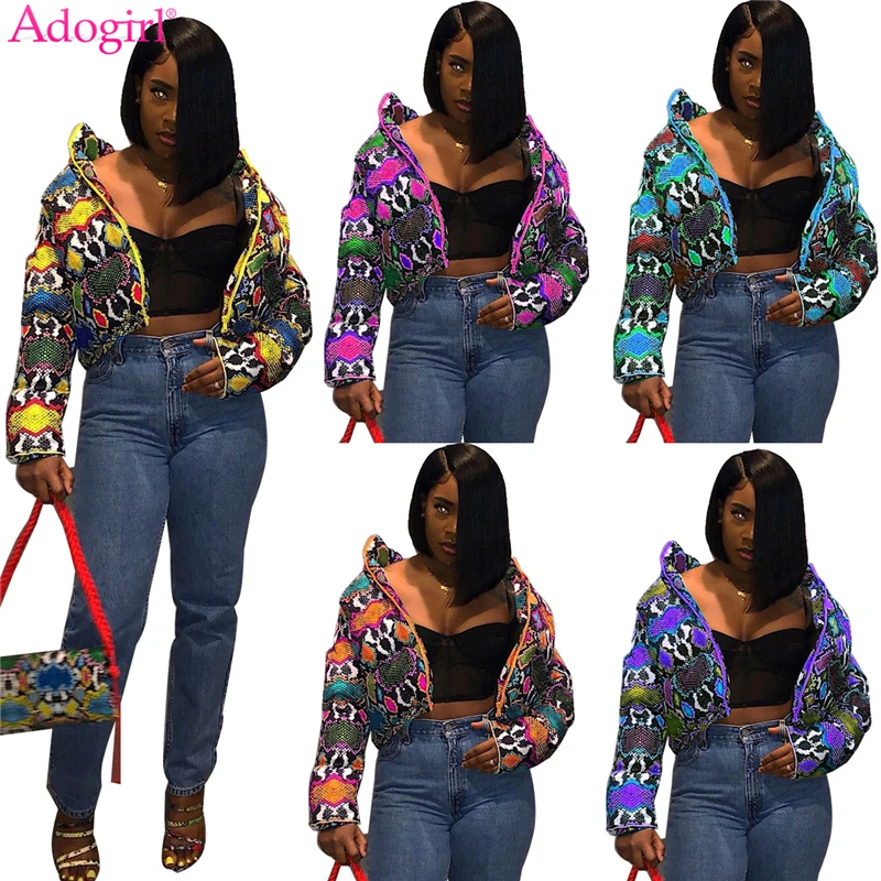 

Adogirl 2020 Winter Colorful Snakeskin Print Women Down Jacket Zipper Long Sleeve Warm Cotton Padded Coat Fashion Casual Outwear