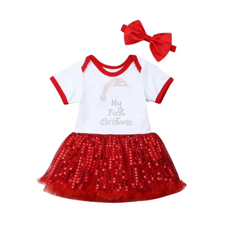 

2019 Christmas Toddler Kids Baby Girls 1st Xmas Festival Flared Party Short Sleeve Bodysuits Dress