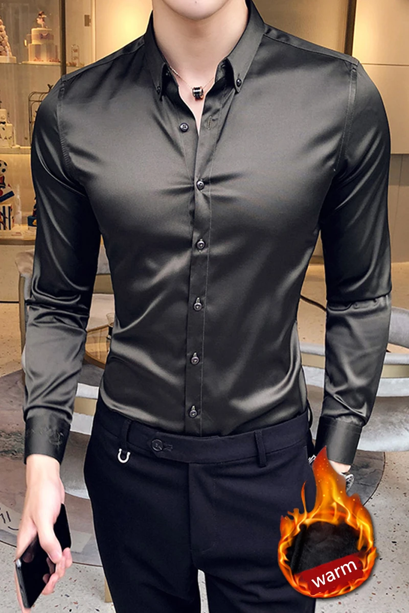 High grade white dress shirt men winter long sleeve black casual shirt slim fit male business office work solid color thick warm