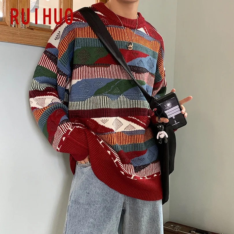 RUIHUO, новинка, Осень-зима, Повседневный свитер для мужчин, Национальный стиль, вязаный пуловер для мужчин, модный бренд, мужские свитера, теплые M-2XL