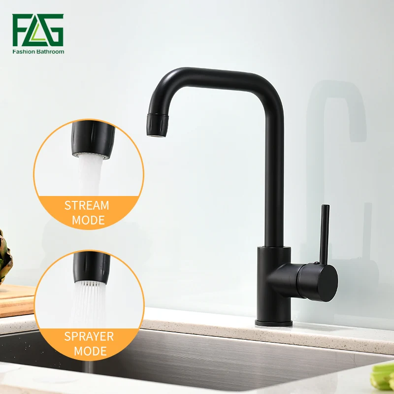 FLG Kitchen Faucet Black 360 Swivel 2 Function Water Outlet Black Brass Sinks Faucet Mixer Cold Hot Mixer Water Tap 1097-33B