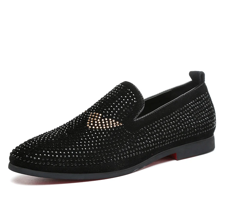 

37~46 Large Size Men Black Suede Rhinestone Loafers Crystal Formal Wedding Leather Shoes Men Pointed Toe Slip On Dress Mocassins