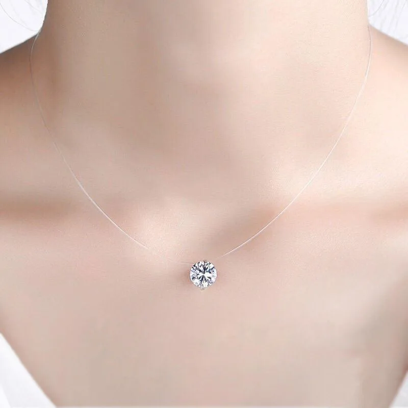 Корейский женский серебряный круглый циркониевый кулон ожерелья Невидимый Прозрачный рыболовный проволочный чокер ювелирные изделия подарок