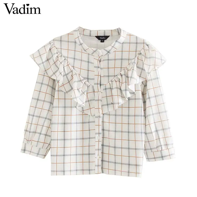 Vadim Женская шикарная клетчатая блузка с оборками и круглым вырезом, рукав три четверти, эластичная рубашка, женские стильные топы, блузы LB598