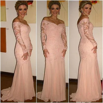 

Pink Long Sleeve Mother Of The Bride Dresses Off shoulder V Neck Floor Length Train Formal Evening Dress Party Gowns For Wedding
