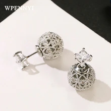 Фирменный дизайн, маленькие серьги в виде прозрачных шаров, белое золото, цвет, серебро 925 пробы, иглы, Круглые, Двусторонняя одежда, серьги-гвоздики