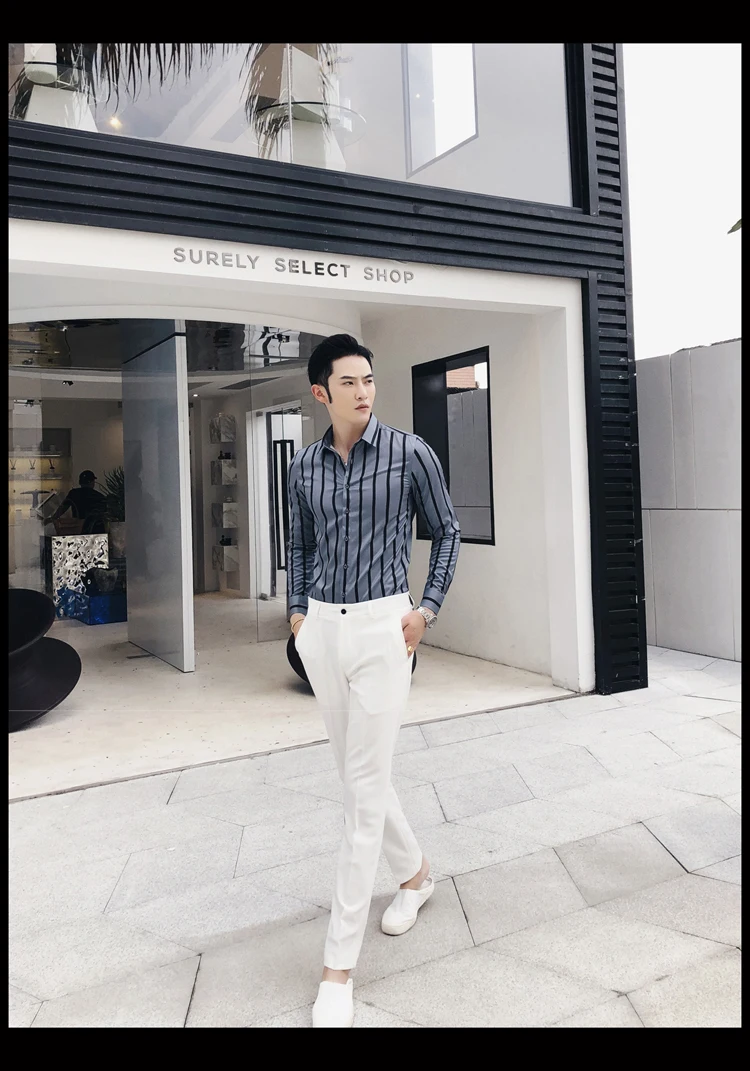 Осенняя мужская Корейская версия полосатой рубашки, Модная тонкая ретро деловая Повседневная рубашка, мужская рубашка с длинными рукавами для выпускного вечера