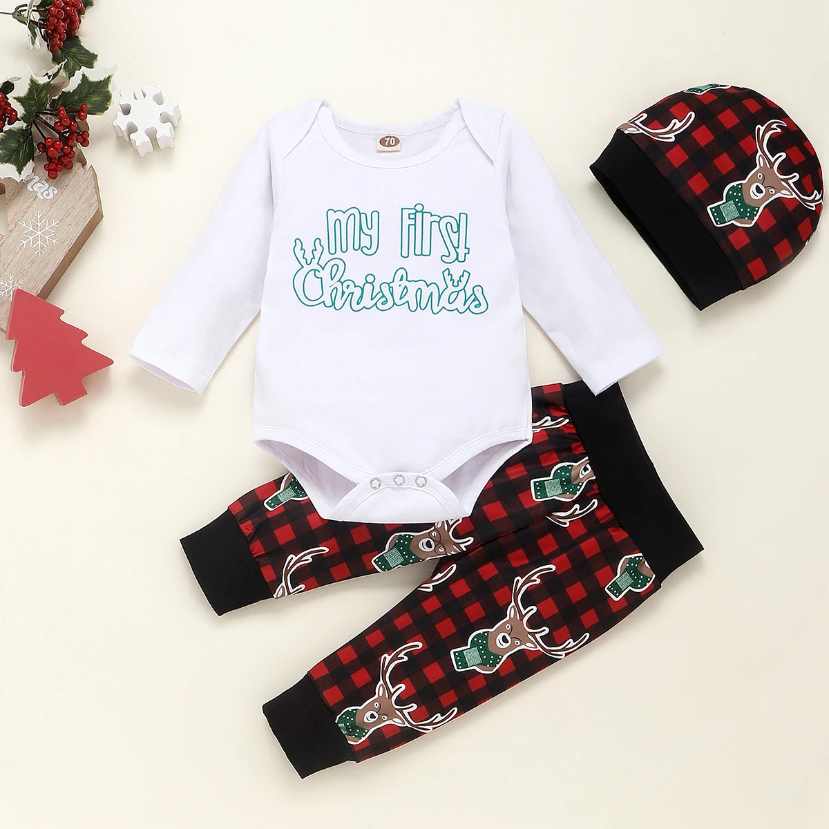 My First Christmas/Одежда для новорожденных мальчиков и девочек детский комбинезон+ длинные штаны в клетку с оленем+ шапочка, Рождественский костюм, комплект одежды