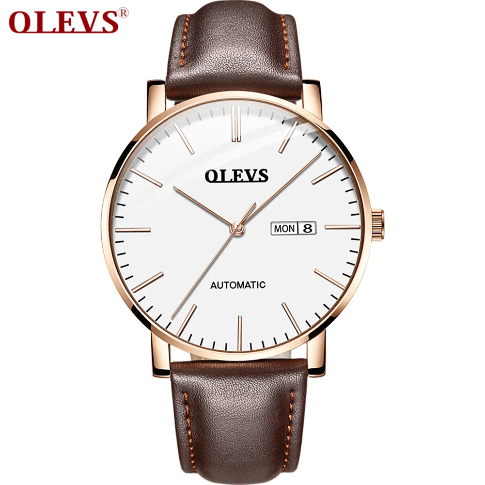 

OLEVS 2020 men's watches top brand luxury business Automatic clock Solid color dial Brown Leather Casual Wrist Watches MARMANO