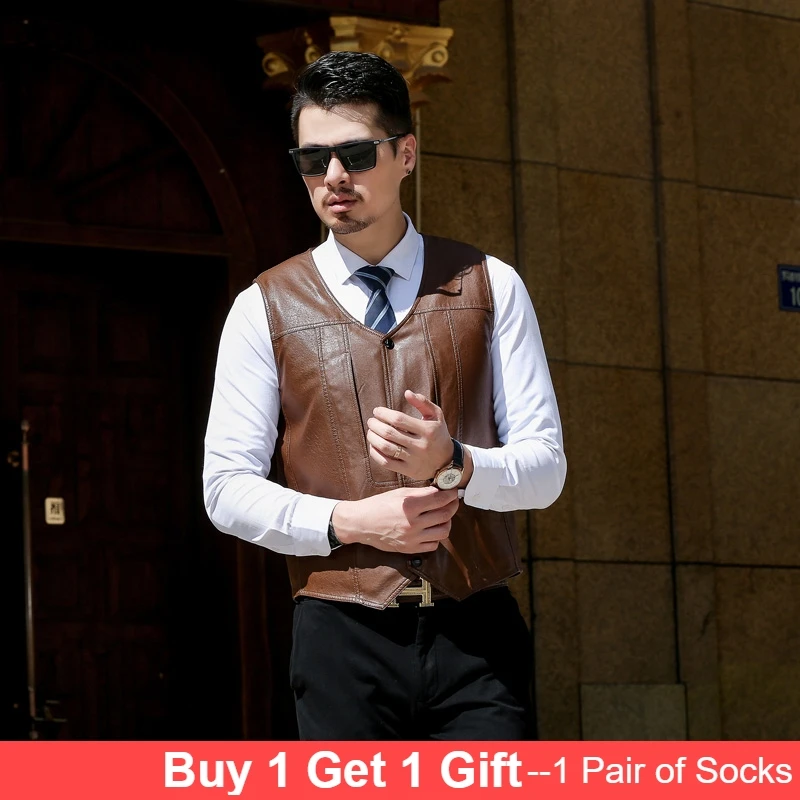 

2019 new men's slim vest solid color leather gentleman simple fashion casual high quality men's jacket vest