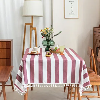 

Fashion Stripe Designs Solid Decorative Linen Tablecloth With Tassels Rectangular Wedding Dining Table Cover Tea Table Cloth