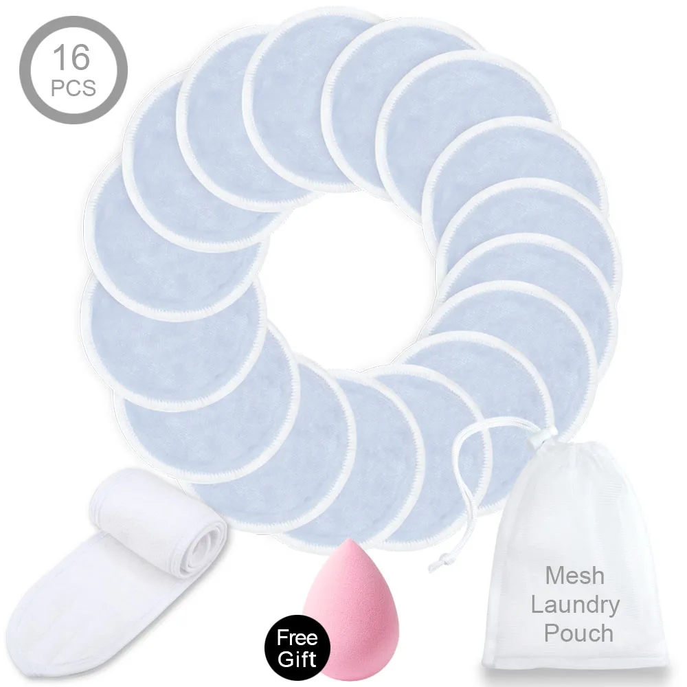 16blue and Headband Многоразовые подушечки для снятия макияжа из микрофибры Моющиеся ватные диски и повязка на голову для лица Make Up wrap Head махровая ткань с мешком для стирки - Цвет: 16blue and Headband