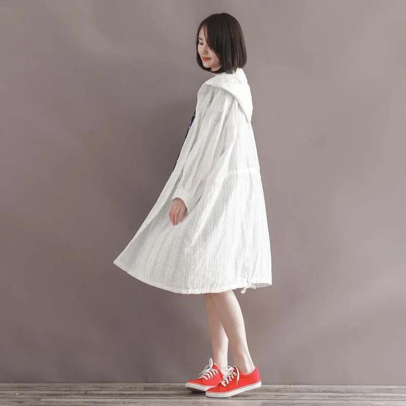 Blouses Hooded Shirt MID-Long Tops For Women White Cotton 3/4 Sleeve Loose Shirts Summer Sun-Protection
