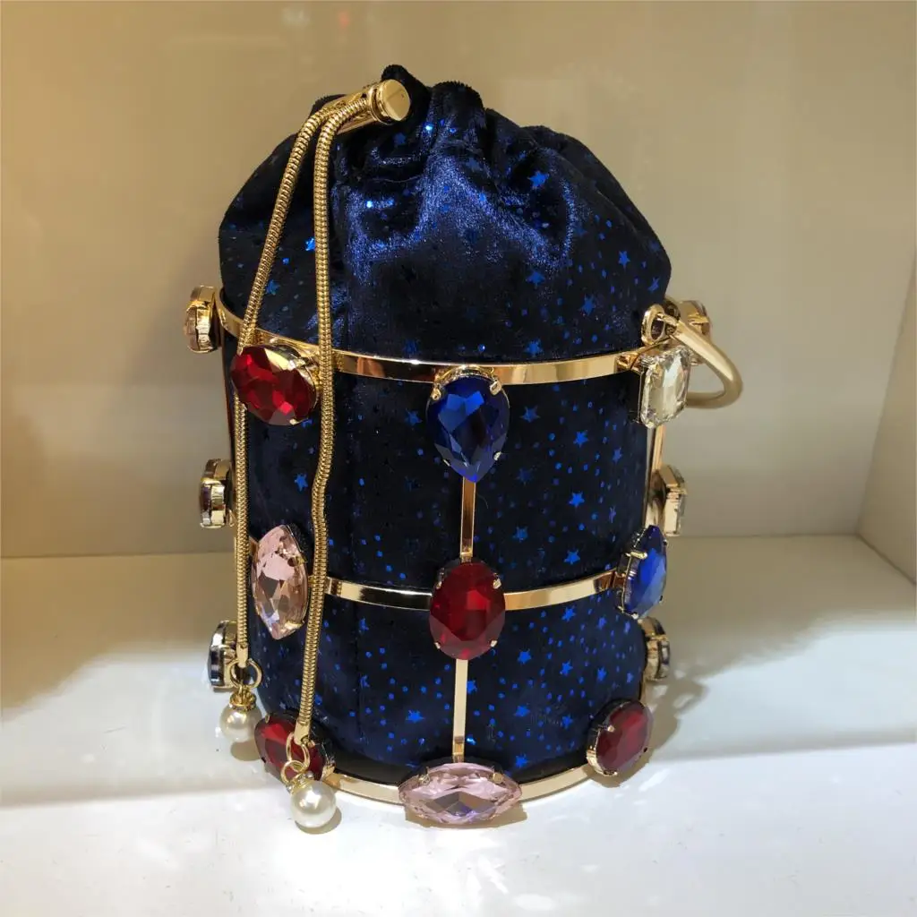 Colorful Diamond Bucket Bag Basket Evening Clutch Bags Women Hollow Out Beaded Alloy Metallic Cage Handbag Purse Ladies Dinner 