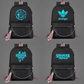 

New Luminous Blue Light Stranger Things Prints Boys Girls Kids School bag Women USB Chain Backpack Canvas Men Bagpack Bookbag