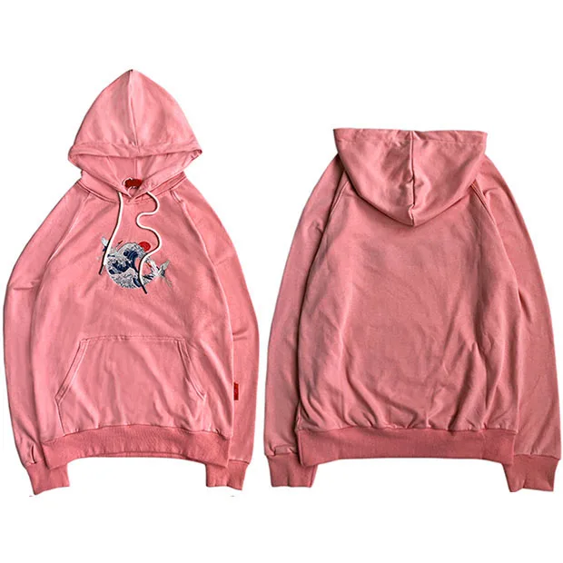 A448080 Pink Мужская и Женская толстовка с капюшоном в стиле хип-хоп с вышивкой Kanagawa Wave Crane японская толстовка с капюшоном в стиле Харадзюку пуловер с капюшоном - Цвет: A448080 Pink