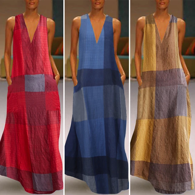 ZANZEA 2021 Vintage Color Stitching Maxi Dress Women's Summer Sundress Casual Sleeveless Tank Vestidos Female O Neck Robe Femme 6