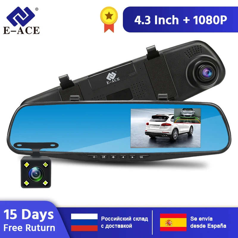 Skup E ACE Full HD 1080P kamera samochodowa Auto 4.3 Cal lusterko wsteczne cyfrowy rejestrator wideo podwójny obiektyw rejestracja kamera