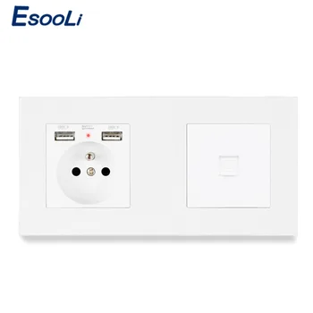 

Esooli PC Plastic Panel French Standard Wall Socket with 2 USB Charge Port + RJ45 Internet Computer Connector Enchufe Pared USB