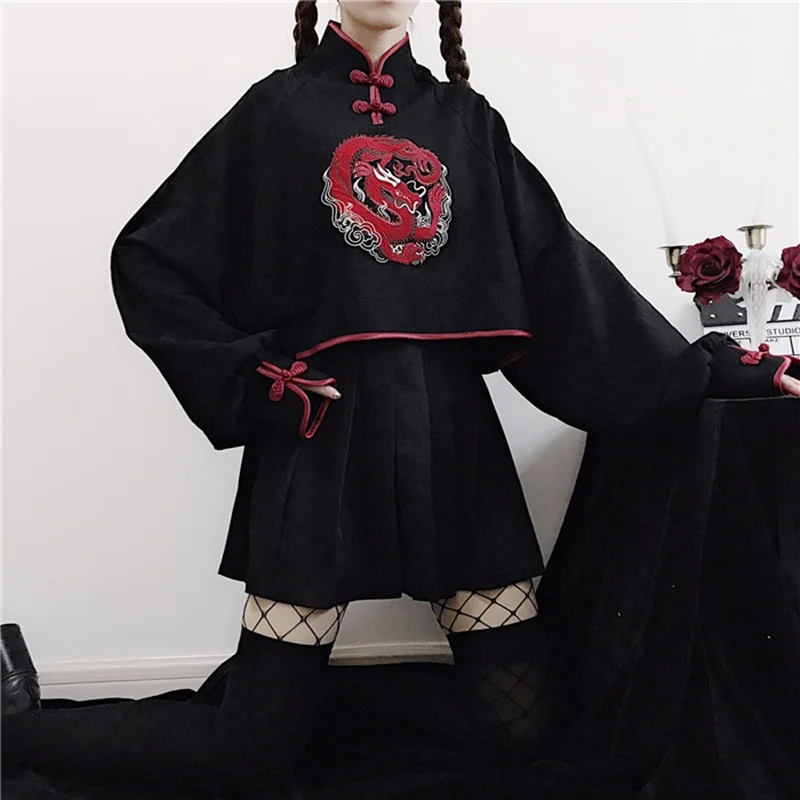 Японское кимоно стиль черный Harajuku Мори девушки дракон вышивка с длинным рукавом Cheongsam Толстовка для женщин каваи Qipao Топ FF2275