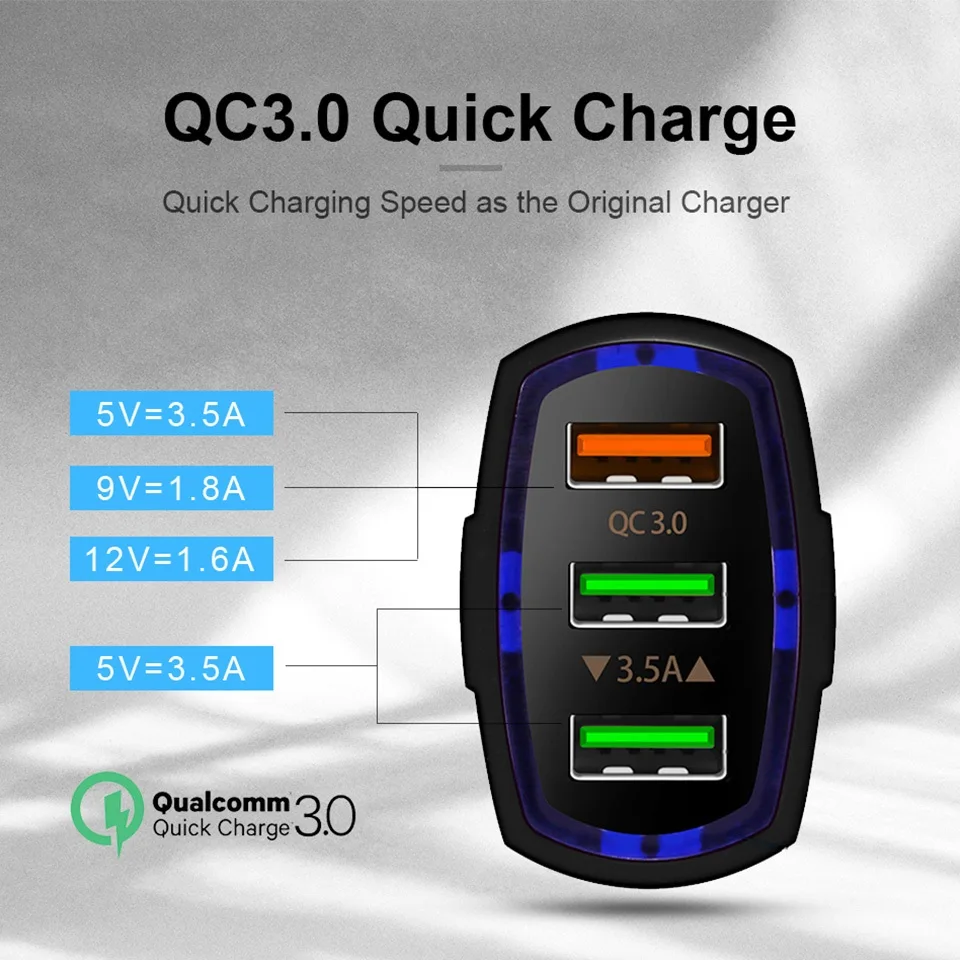 NOHON 3 порта USB Автомобильное зарядное устройство 5V 3.5A QC3.0 Быстрая зарядка тройные