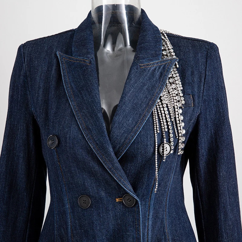GALCAUR Patchwork Crystal Tassel Women's Blazer Notched Long Sleeve Double Breasted Tunic Denim Coats Female Fashion New