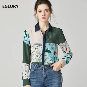 

High Quality Silk Blouses 2020 Spring Summer Style Women Turn-down Collar Color Block Floral Prints Long Sleeve Casual Shirts