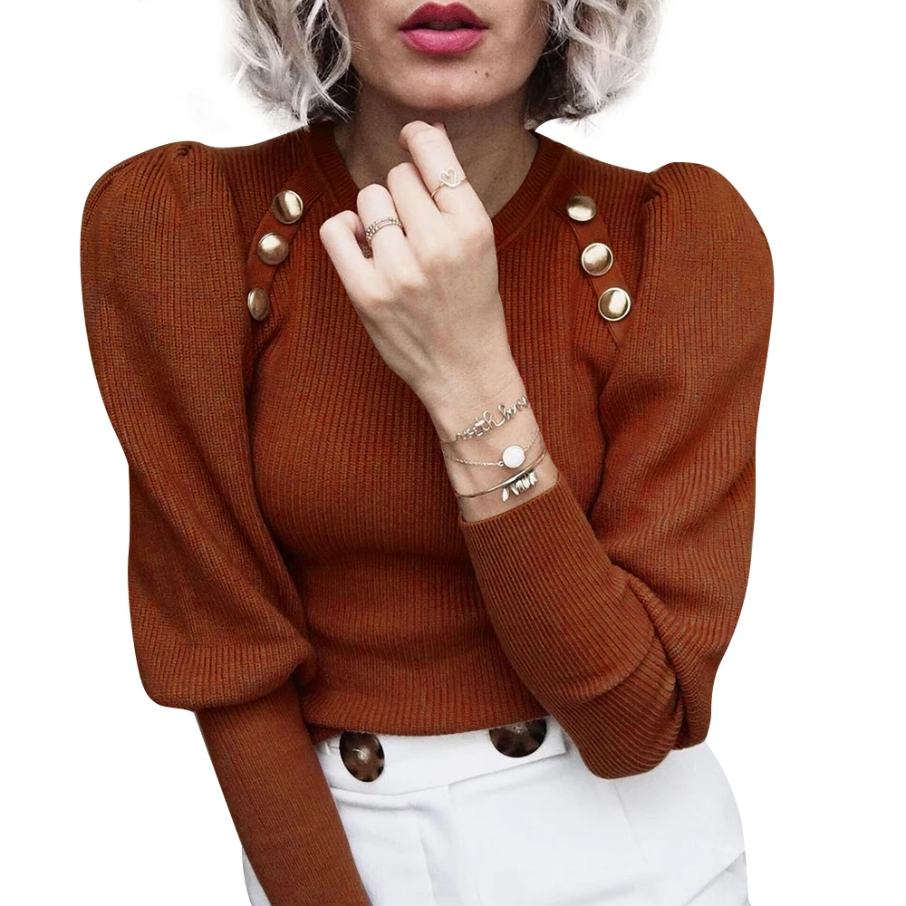 Пуловер свитер для женщин топы осенний с пышными рукавами однотонный вязаный на