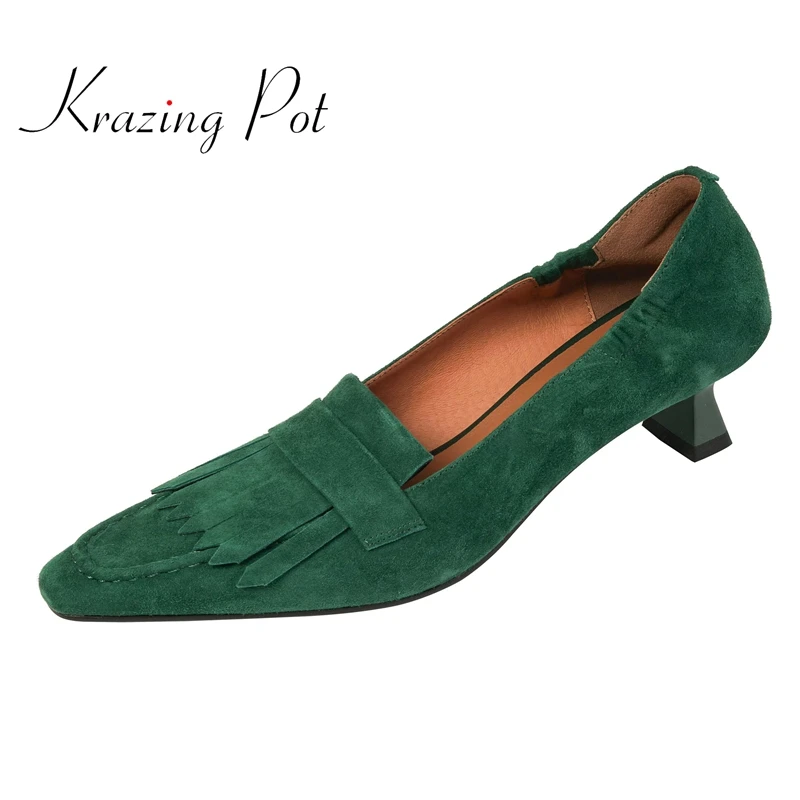 

Krazing Pot sheep suede small square toe strange med heel tassel French retro fashion slip on comfortable basic women pumps L28