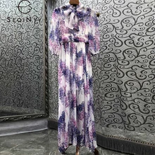 

SEQINYY Chiffon Midi Dress Summer Spring New Fashion Design Women Runway High Street Purple Wisteria Flower Print A-Line Elegant