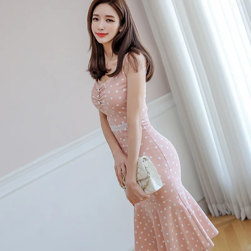 

2019 Summer Wear New Style Korean-style Elegant Slim Fit Joint Lace Sheath Fishtail Fashion Polka Dot Dress Women's