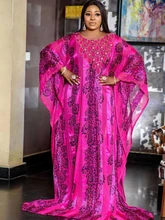 

New 2021 Autumn African Clothes For Women Batwing Sleeve Round Collar Pattern Stripe Dot Femme Maxi Dress Elegant Embroidery