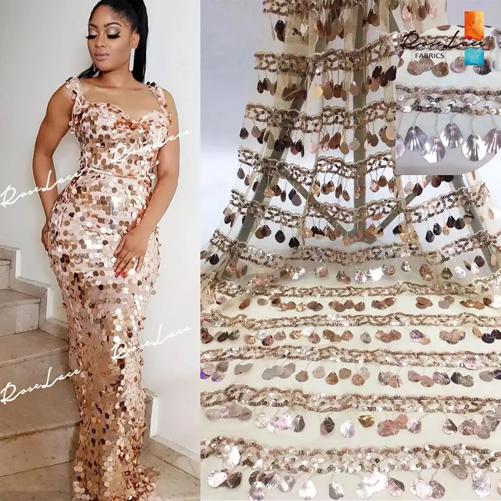 

Big Sequins Tassel Design African French Net Lace Fabrics Gold Sequined Embroidered Mesh Wedding Prom Dress Laces Net Material
