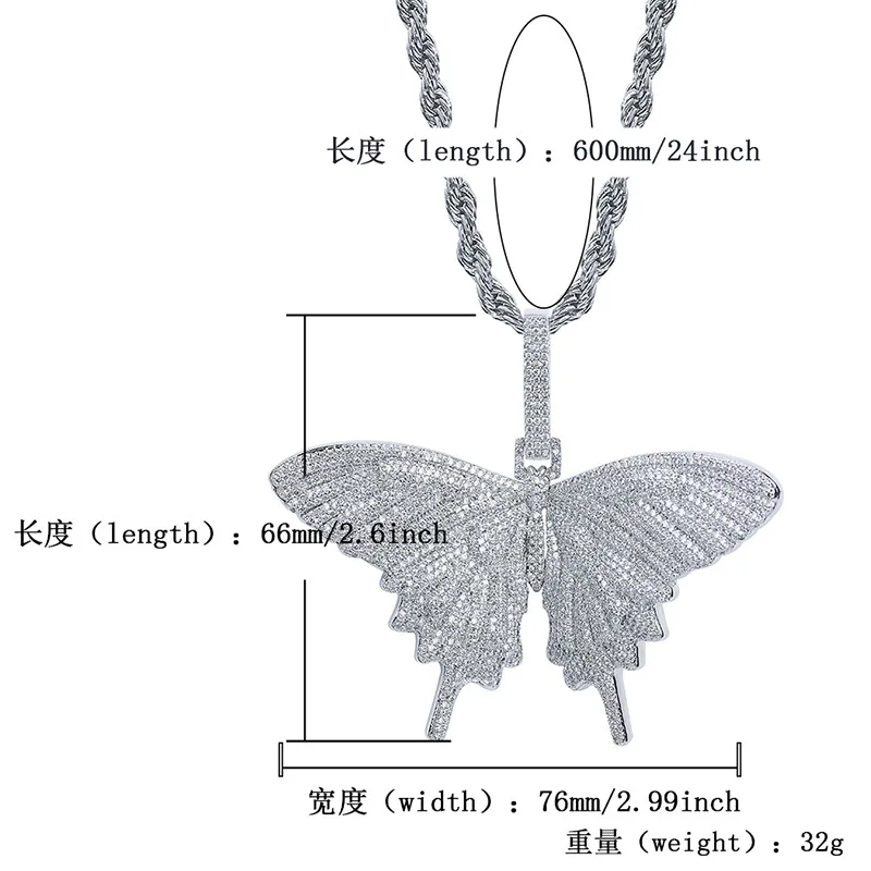 Iced out кулон большая бабочка Полный циркон хипстер с necklace ем кулон в стиле хип-хоп для мужчин женщин аксессуары для бутика раппер подарок