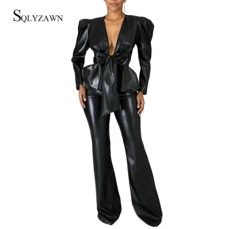 black leather two piece set