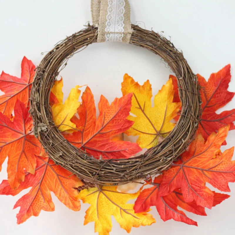 Thanksgiving Christmas Rattan Wreath Garland Artificial Maple Leaves Pumpkins And Berries Front Door Holiday Decor